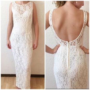 Beaded Sleeveless Maxi Low Back Wedding Gown Cocktail Party Formal Lace Dress